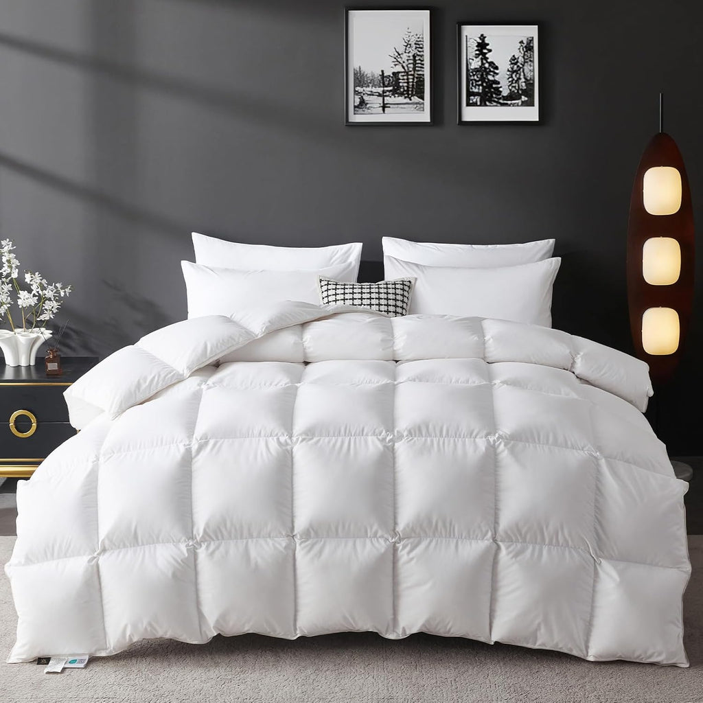 Organic 75% Down Fiber Comforter Oversize Queen,850+FP,1200TC,Extra Fluffy,Hotel Style,Luxury Ultra 