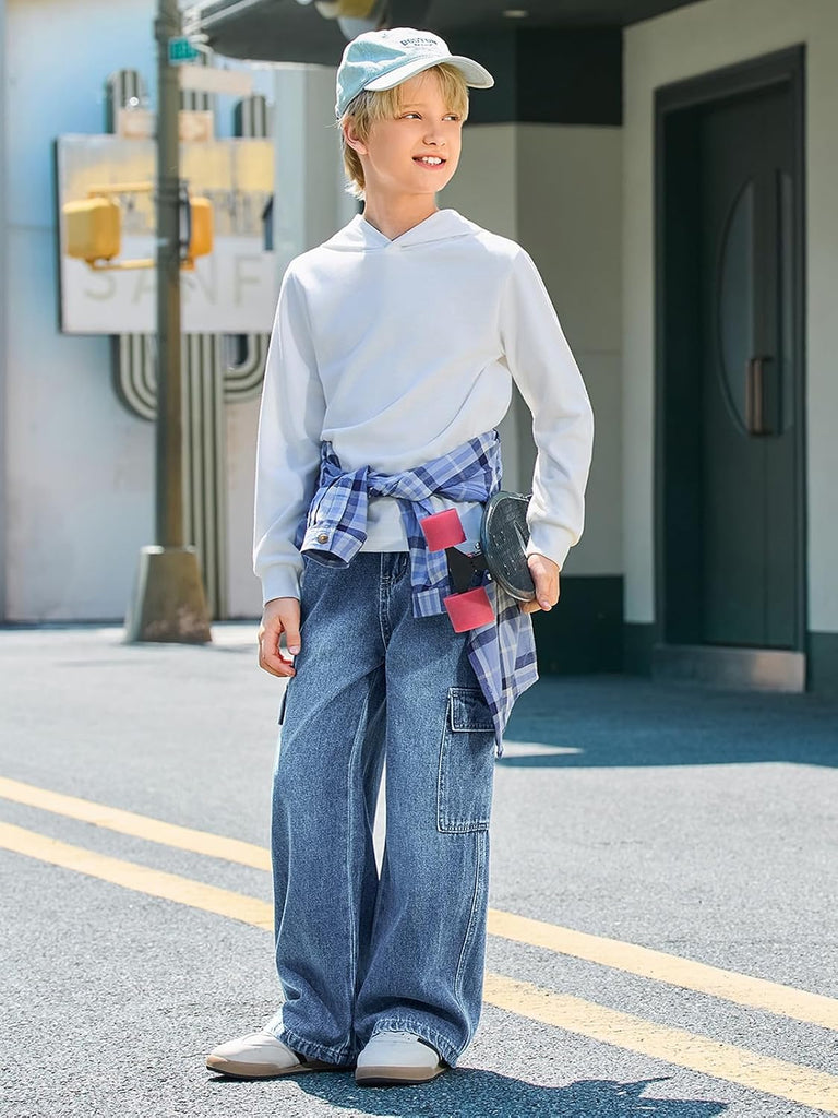 Boys Cargo Jeans Kids Baggy Elastic Waist Wide Leg Denim Pants with Pockets