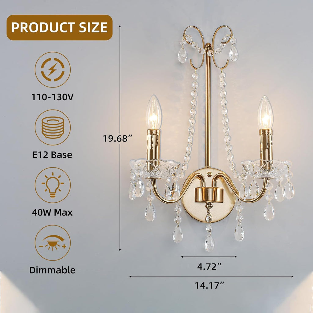 Crystal Wall Sconce Light, 2-Lights Hardwired Gold Wall Sconce with Crystal Dish Indoor Vintage Sconces Wall Lighting
