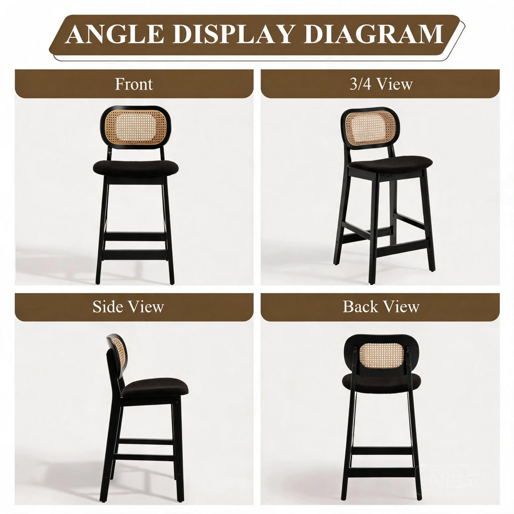 Rattan Counter Height Bar Stools Set of 4 Upholstered Sherpa Barstools with Cane Back Boho Wood Farmhouse Kitchen