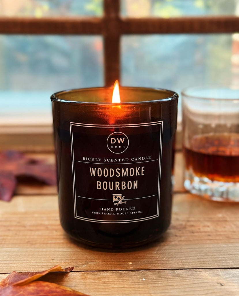 Woodsmoke Bourbon Scented Candle, 9 oz Jar, Hand Poured Single Wick, Up to 33-Hour Burn Time, Smoked Bourbon, Oak