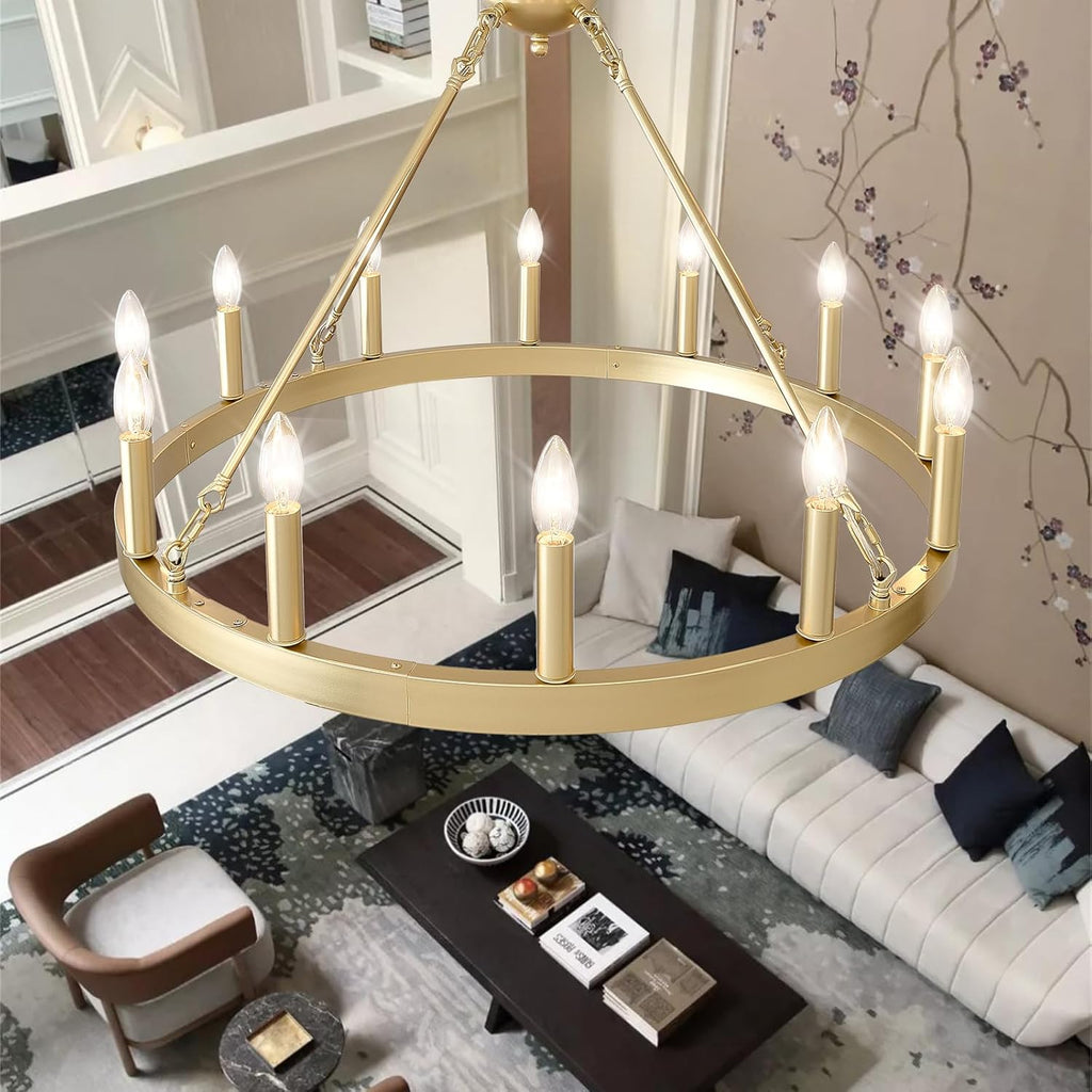 Inspired Camino Style Chandelier - Gold Wagon Wheel Chandelier Farmhouse 32-Inch, 12-Light Modern Gold Chandelier for Dining Room, Round Iron Industrial Chandeliers Light Fixture for Living Room, Foyer, Entryway, E12 A105-B0DM1YQ7PG