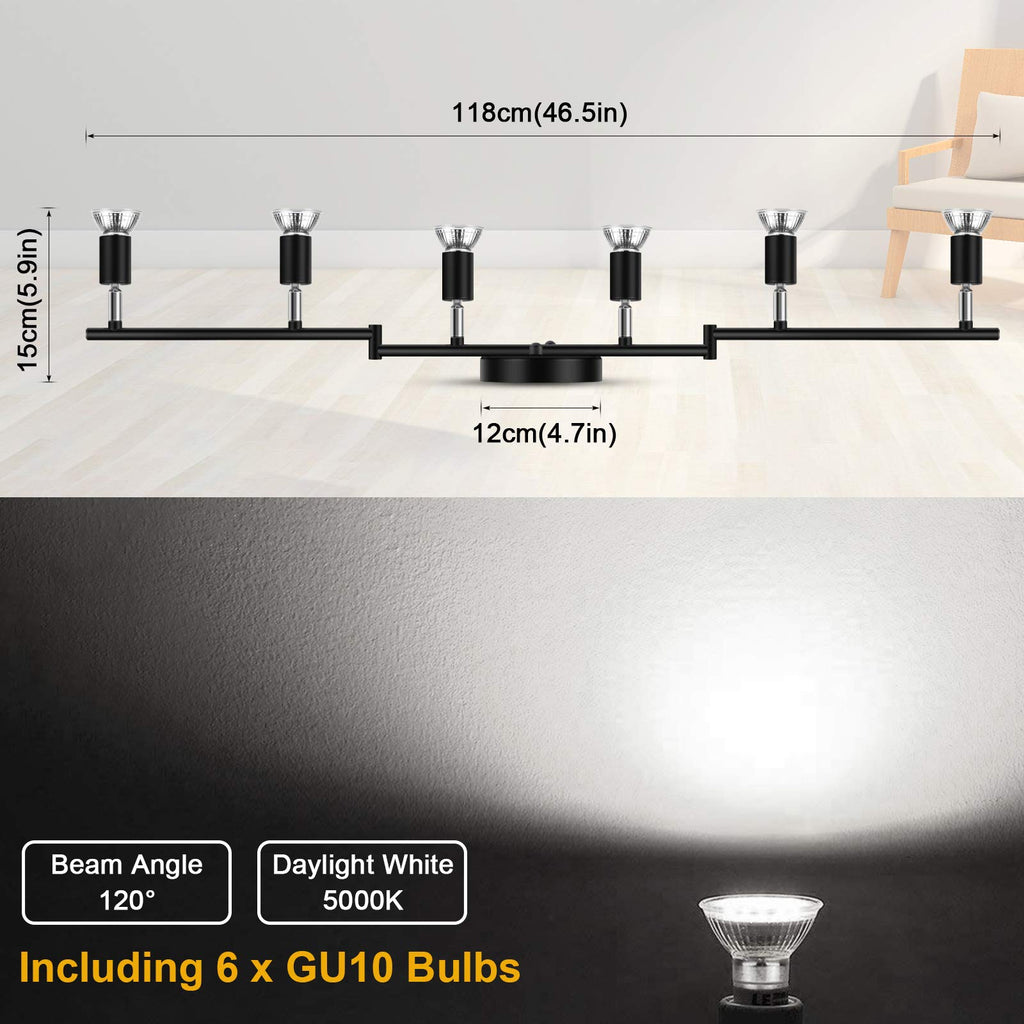 LED Track Lighting Kit, Flexibly Rotatable Light Heads, 6 Way Ceiling Spotlight Black Finish, Including 6