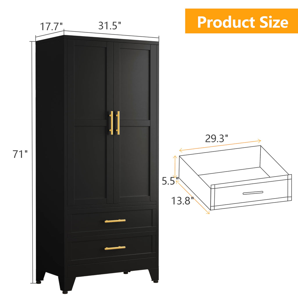 71" Metal Armoire Wardrobe Closet, Tall Clothing Storage Cabinet, Black