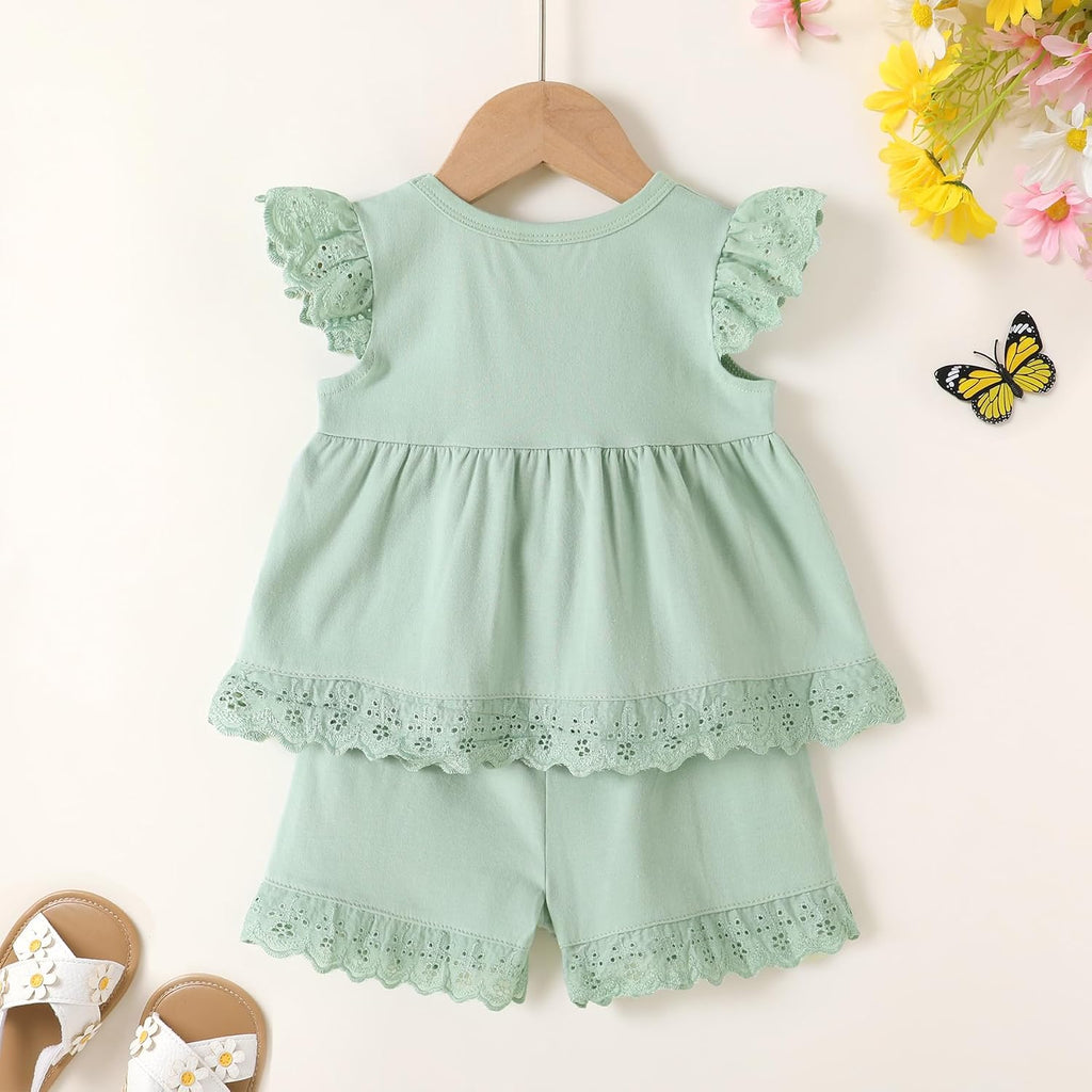Toddler Girl Summer Clothes Flower Top & Shorts Cotton Blend Eyelet Trim Sets 2Pcs outfit
