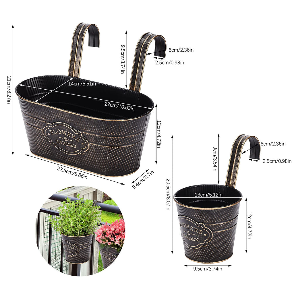 3 Pack Metal Railing Planter Box Outdoor, 10.6" Hanging Flower Pots with Detachable Hooks & Drainage Holes, Rail