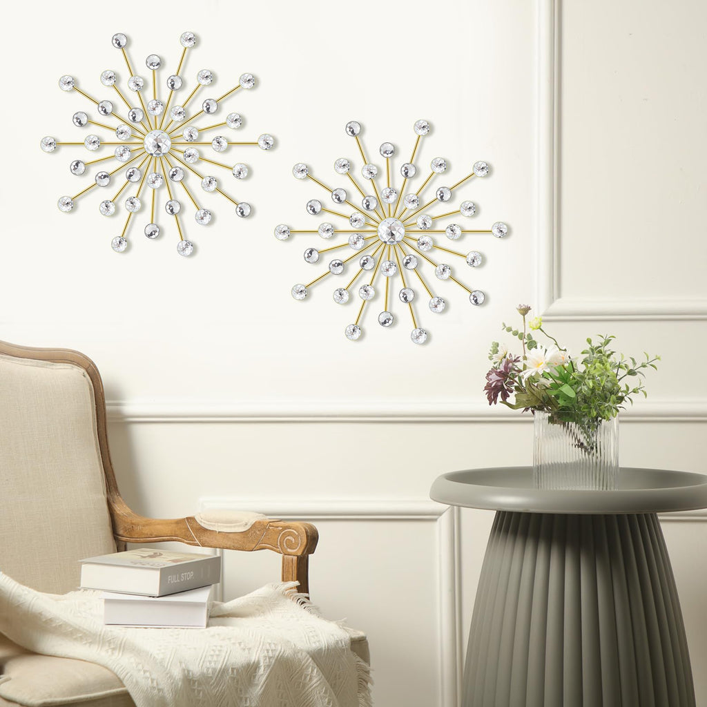 6 Pcs Metal Starburst Wall Art Crystal 3D, 25cm, Gold