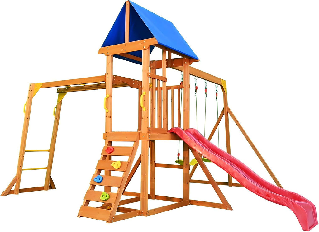 Wooden Playground Sets Backyards, for Ages 3-6 | Swing Set with Monkey bar, Outdoor Playset with Wave Slide, Rock