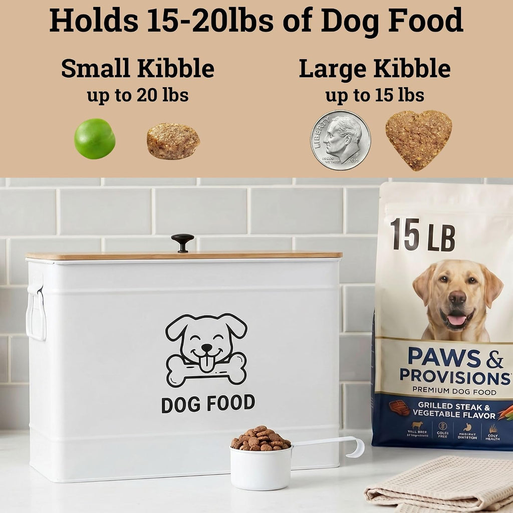 Metal Dog Food Container 15-20 lbs w/ Airtight Bamboo Lid, 70 Cup Capacity