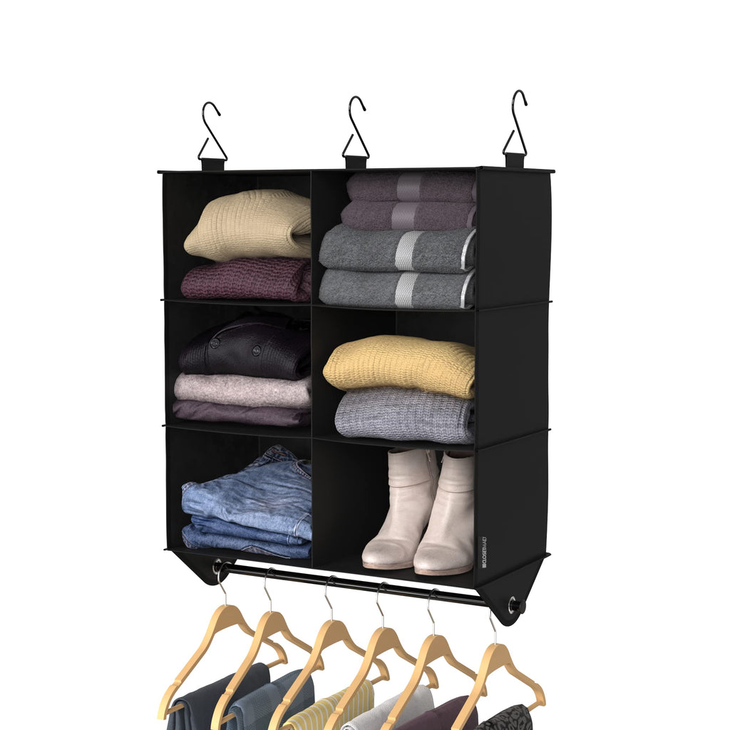 6-Shelf Fabric Hanging Closet Organizer with Garment Rod for Shirts, Sweaters, Pants, Hats, Shoes, Purses with