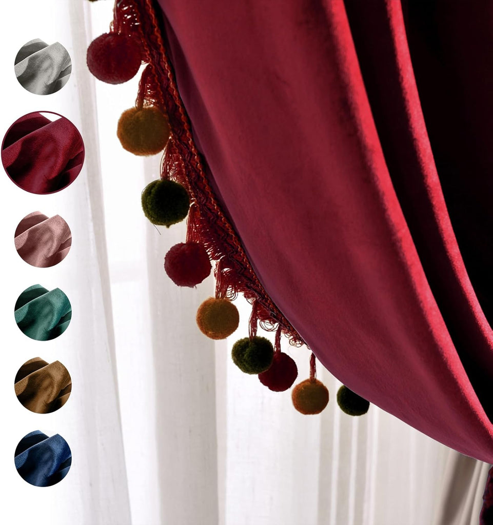 Pom Poms Wide Velvet Curtains Patio Doors, Vintage Luxury Bedroom Rod Pocket Thermal Insulated Window Drapes, 100" W