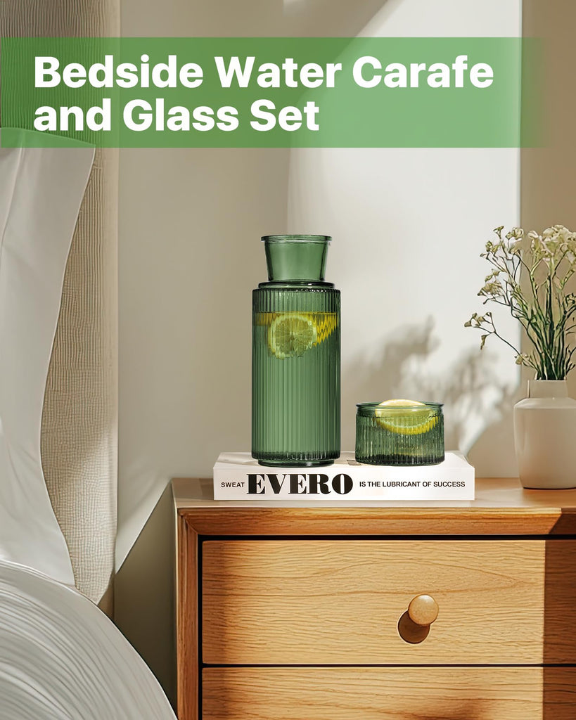 Bedside Water Carafe and Glass Set, 27oz, Vertical Striped