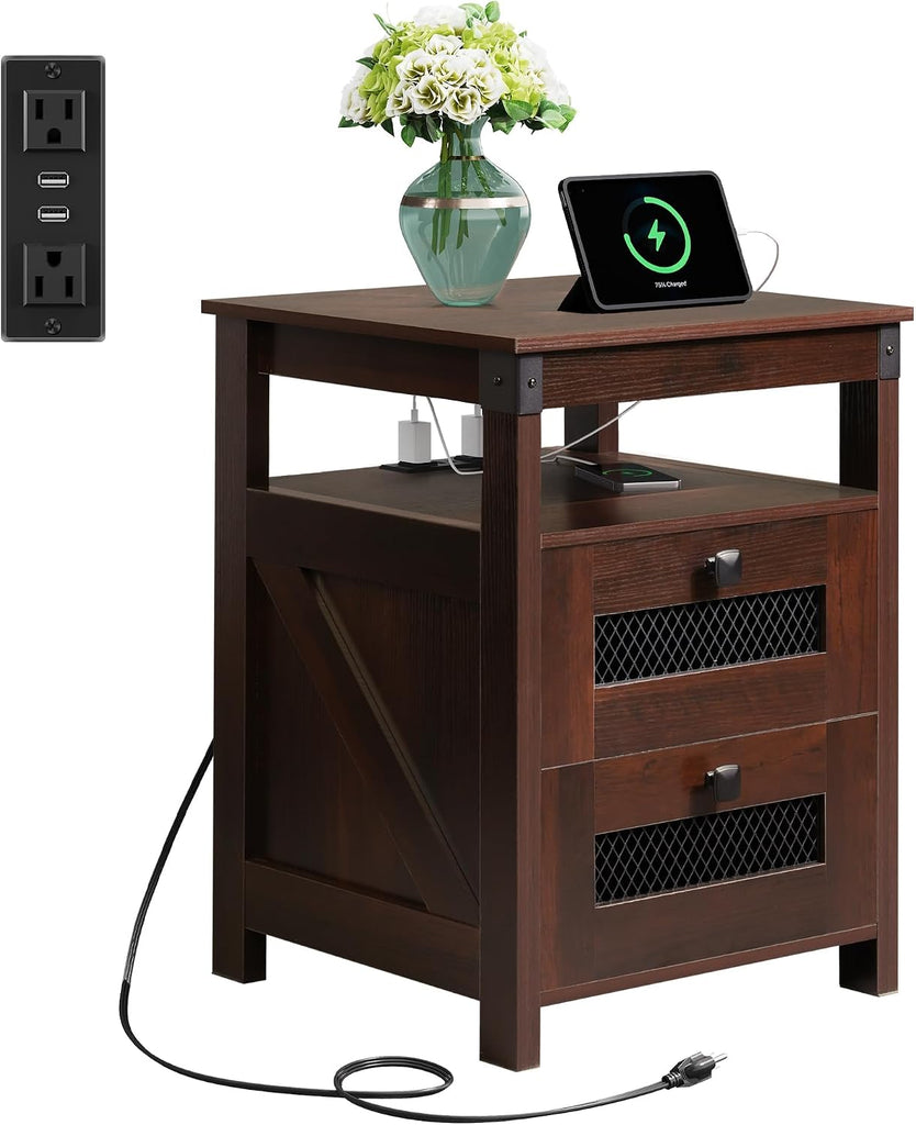 Nightstand with Charging Station, Farmhouse End Table, Bed Side Table with 2 Storage Drawers and Open Shelf, Wood