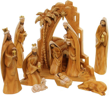9pc Set 12" Carved Nativity with Scene Back Drop, Faux Wood Grain