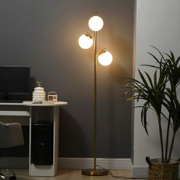 3-Light Modern Floor Lamp, Globe Lampshades, Bright Lighting, Gold