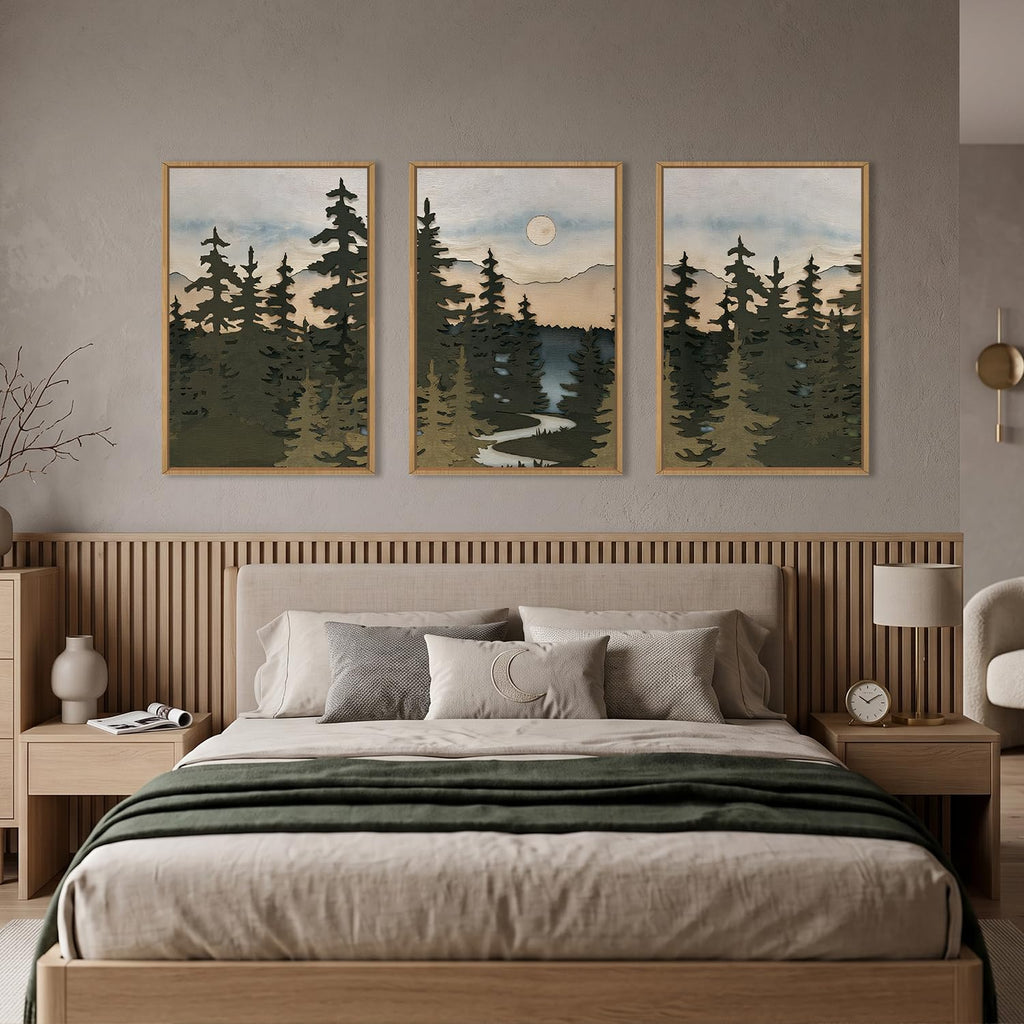 Large Boho Mountain Forest Pine Tree Framed Wall Art Set -24"x36"x3