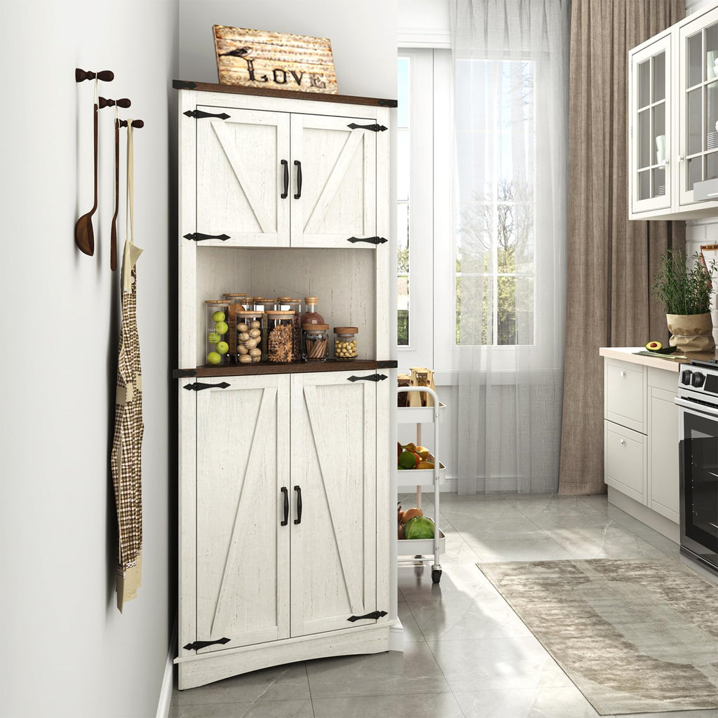 68" Tall Farmhouse Corner Cabinet, 5-Tier Large Storage Cabinet with 4 Barn Doors & Adjustable Shelves, Bathroom
