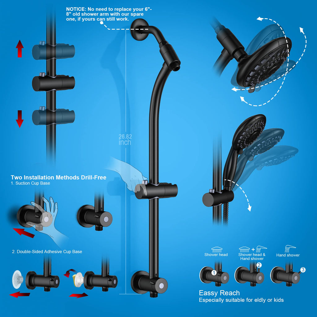 Handheld Showerhead & Rain Shower Combo for Easy Reach, 27.5" Drill-free Stainless Steel Slide Bar, 5"of 5-setting
