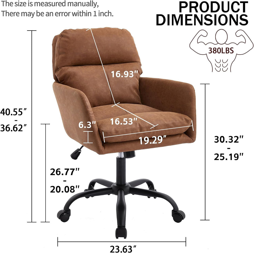 Adjustable Home Office Desk Chair with Comfy Square Mid-Back, Faux Leather 360 Swivel Upholstered Task Armchair with