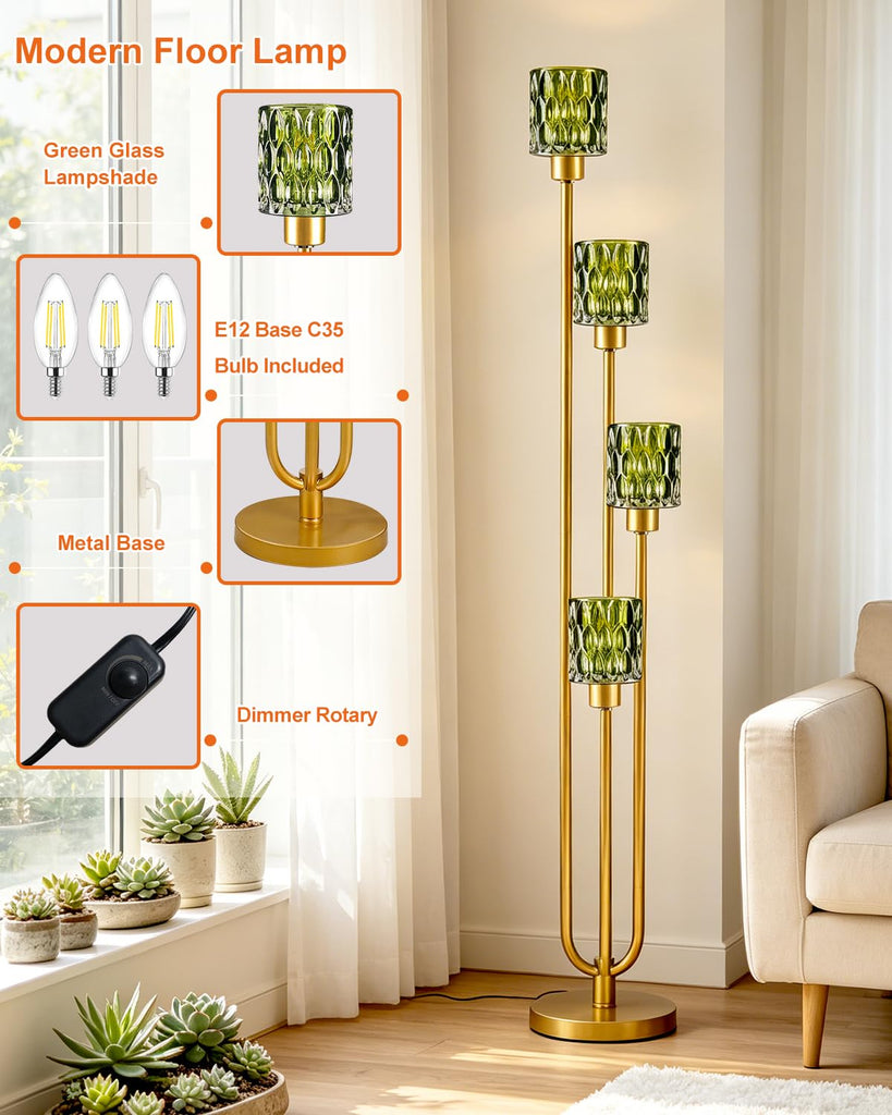 Vintage 4-Light Green Glass Floor Lamp, Dimmable Gold Standing Tall Lamp for Reading, Mid Century Modern Floor Lamp