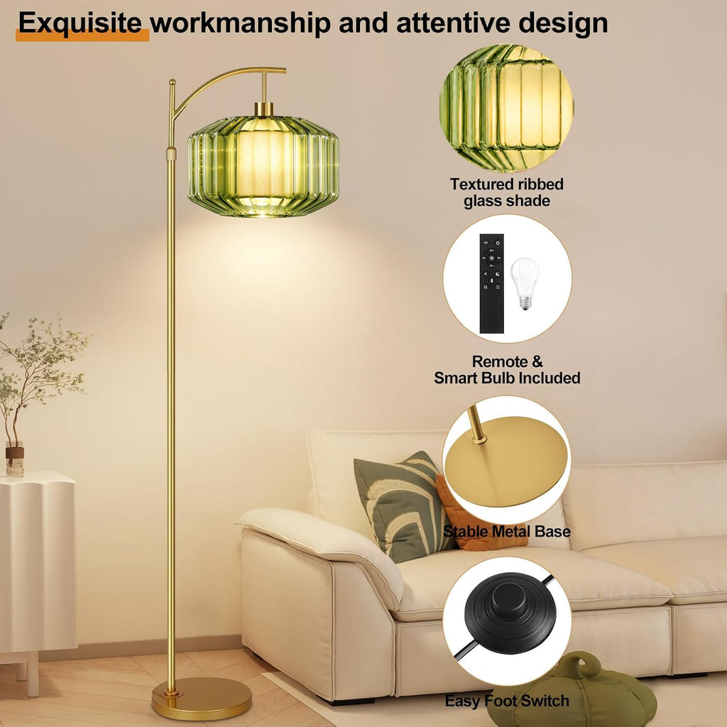 Arc Floor Lamp, Gold Vintage Remote Dimmable Standing Lamps With Green Drum Glass&Fabric Shade, LED Tall Floor Light