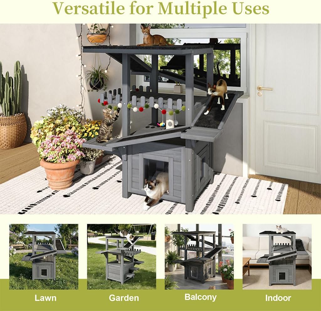 4-Tier Outdoor Cat House Weatherproof Wooden Outside Cat Tree Tower with Ramps, Scratching Post & Enclosed Shelter