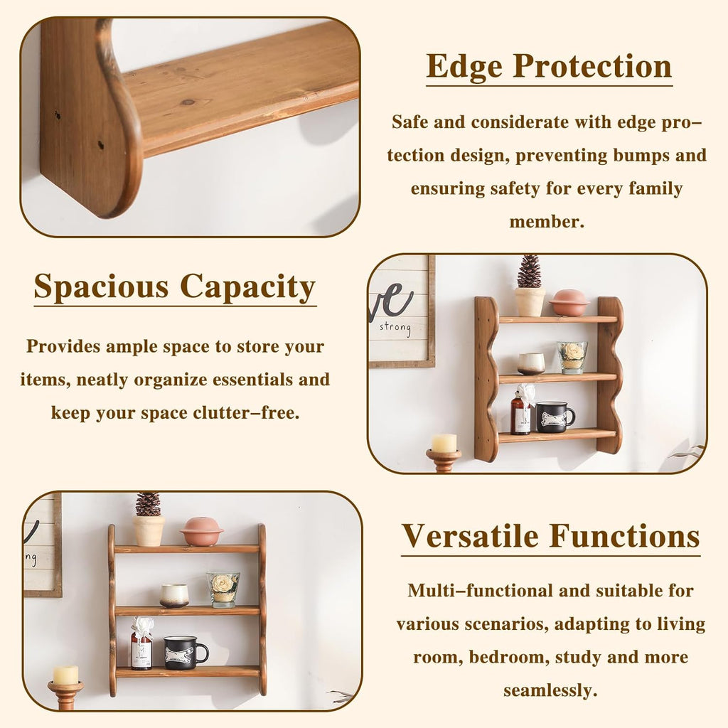 100% Solid Wood Wall Shelf 3-Tier, Rustic Floating Shelves Wall Mounted Storage Rack, Farmhouse Decor Hanging Shelf