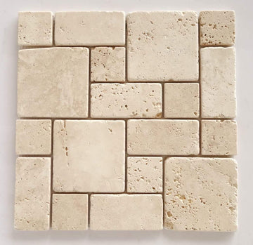 Ivory/Beige Travertine Tumbled 3-Pieced Mini-Pattern Mosaic Tile -5 Sheets