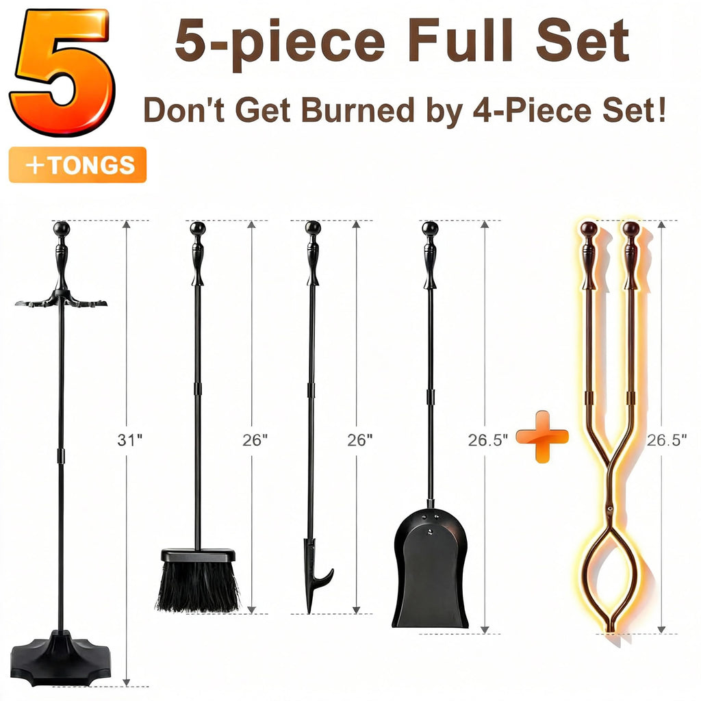 5 Pcs Fireplace Tools Set 31 Inch 12 lb Heavy Duty Solid Wrought Iron Indoor Fire Place Kit Wood Stove Accessories