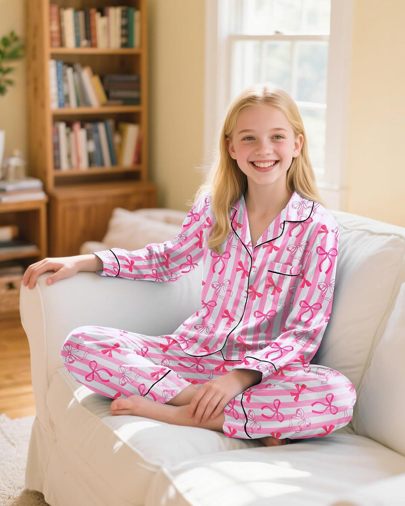 Girls Pajamas Satin Pajama Set Silky Bow Pjs Long Sleeve Button Down Sleepwear Loungewear Sets for Big Kids