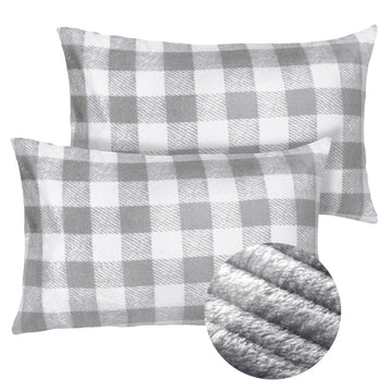 Flannel Pillow Cases Queen Size Set of 2, Gray and White Checkered 20x30"
