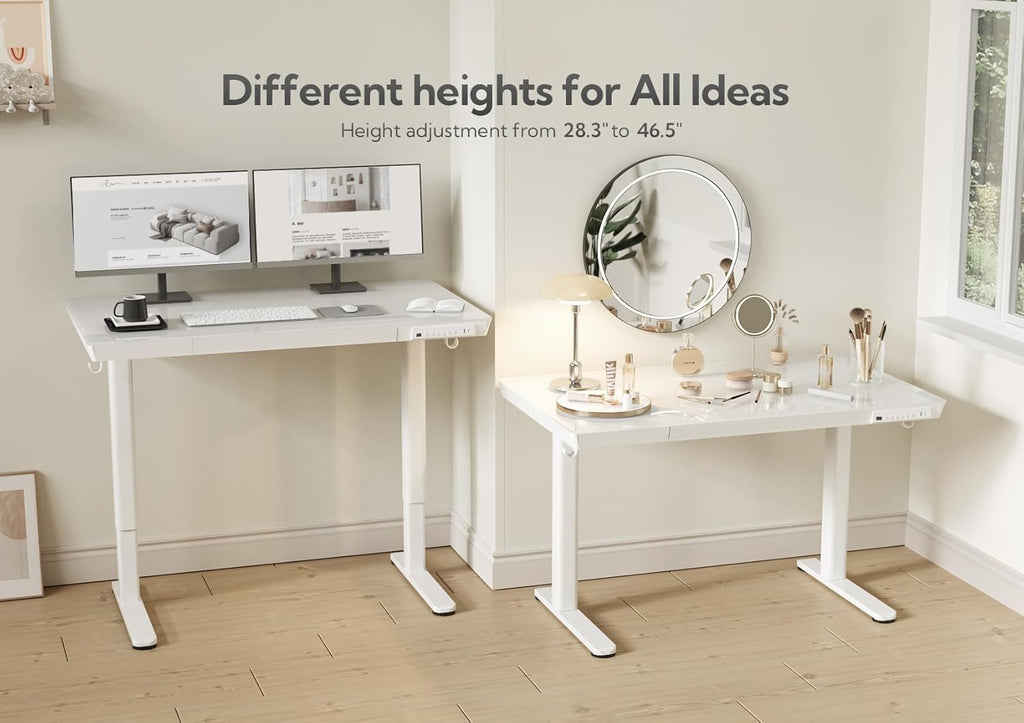 Glass Standing Desk with Drawers & USB Ports 55x24 Inch, White | 3 Steps Quick Install, 2 Zones Drawer, USB Ports