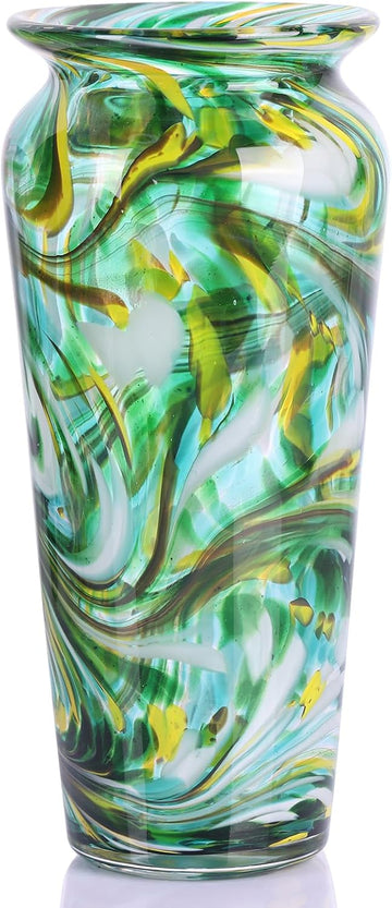 Green Hand Blown Glass Vase - Tall Speckled Decorative Centerpiece in Murano Style for Dining Table, Coffee Table