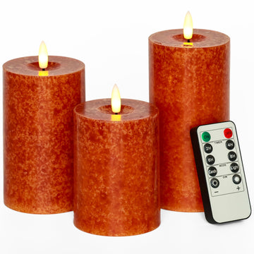 Mottled Orange Fall Flameless Candles with Remote and Timer, Real Wax Made LED Pillar Candles Battery Operated with