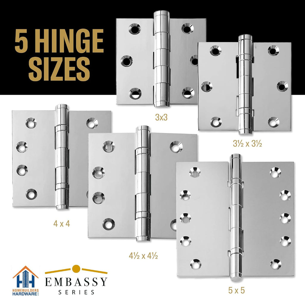 Door Hinges 3.5 x 3.5 Solid Brass Ball Bearing Polished Chrome w Tips - Set of 3