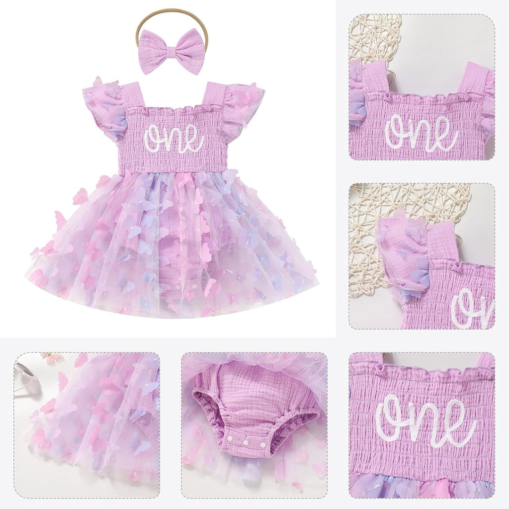 Baby Girls First Birthday Outfit Sqaure Neck Ruffle Fly Sleeve Tulle Tutu Romper Dress with Bowknot Headband