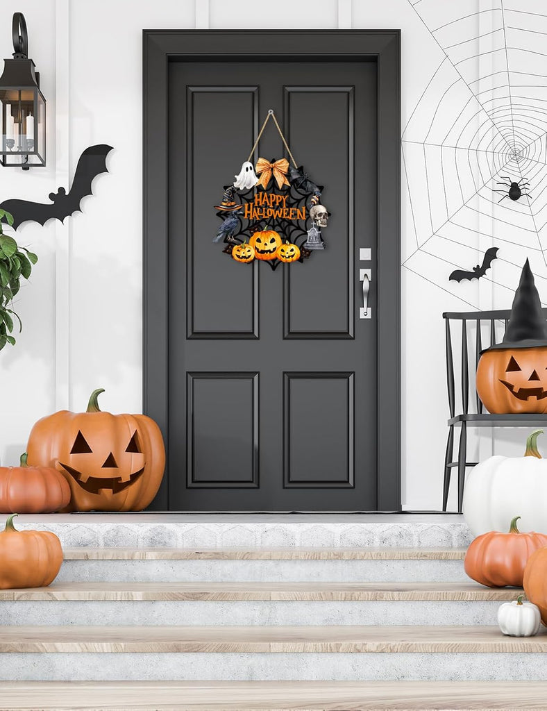 Halloween Wreaths for Front Door Welcome Sign Happy Halloween Wall Decorations Wooden Spider Web Ghost Black Cat