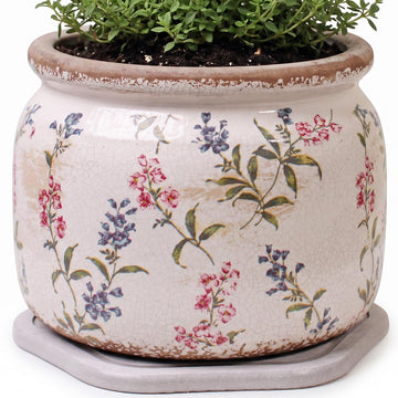 French Country Ceramic Plant Pot with Decorative Saucer, Plant Lover Gifts