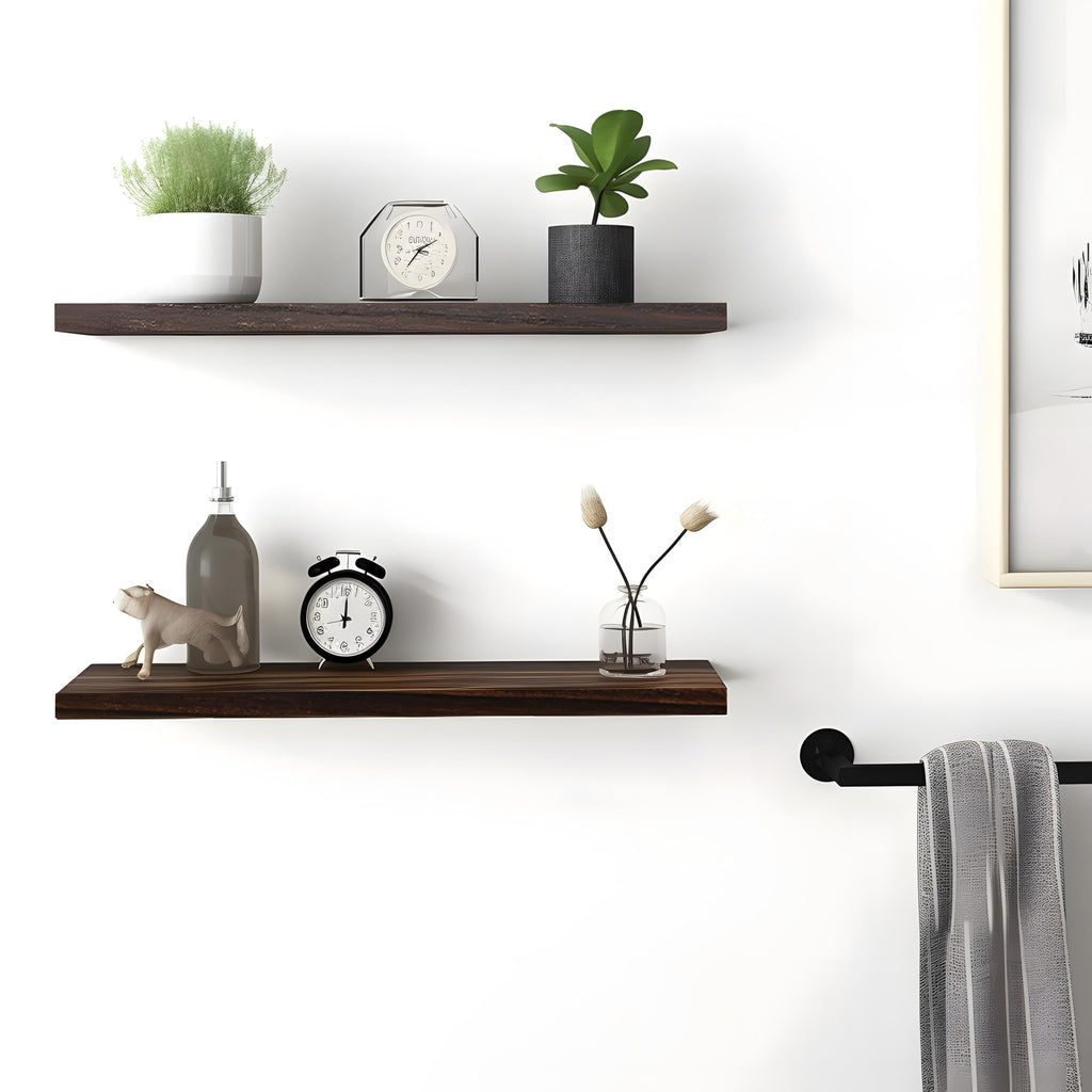 24 Inch Wood Floating Shelves for Wall, Wooden Wall Shelves, Set of 4 Brown