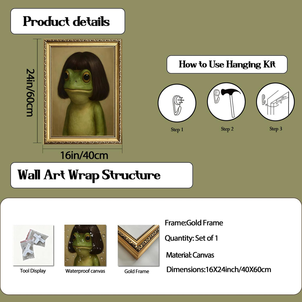 Gold Framed Funny Frog Wall Art, Whimsical Green Frog Wall Decor Painting Cute Animal Poster Canvas Prints Artwork