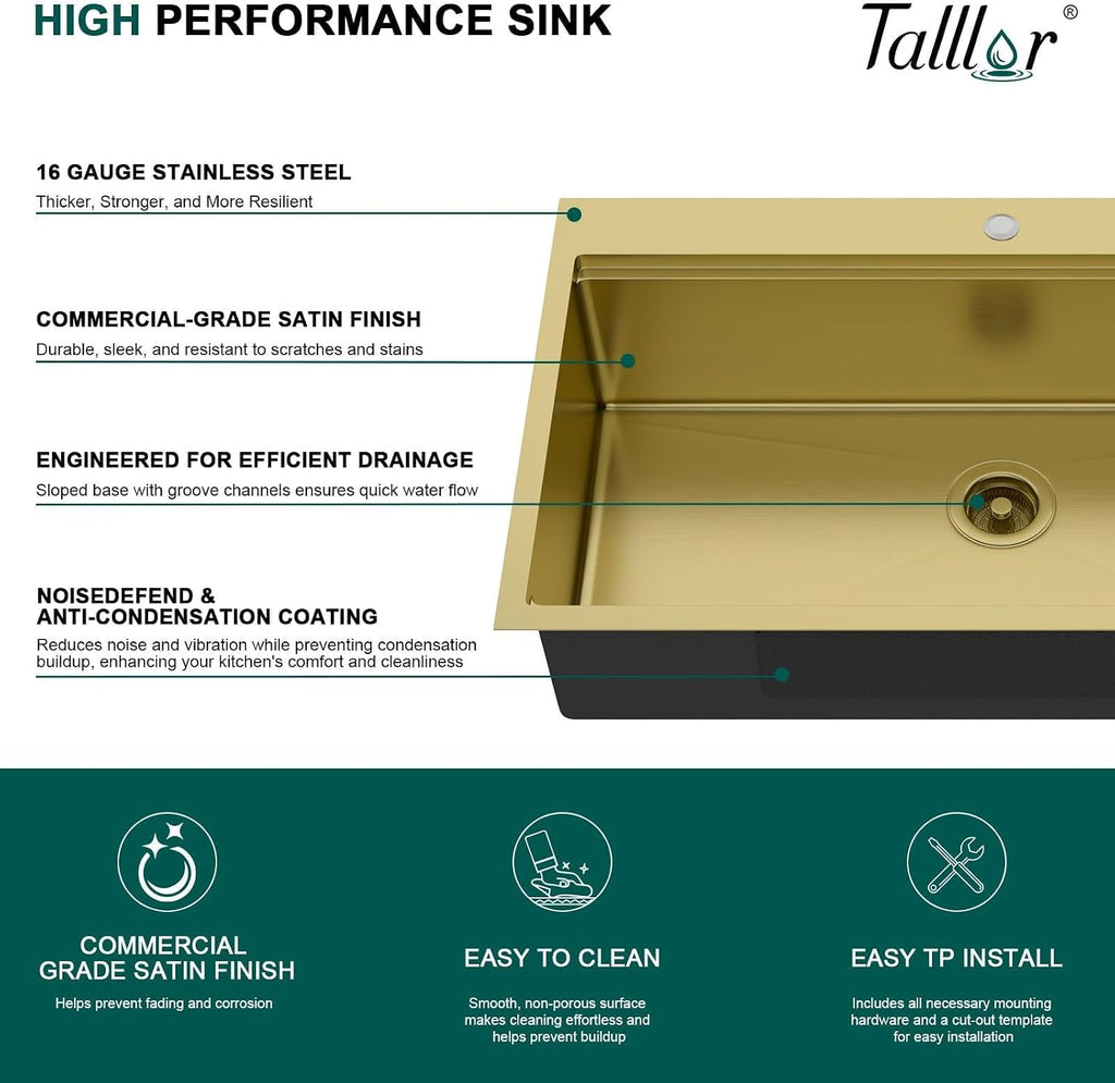 36x22" Gold Drop Sink, Workstation All-In One, SUS304 | 16 Gauge Stainless Steel Single Bowl Topmount Large Kitchen