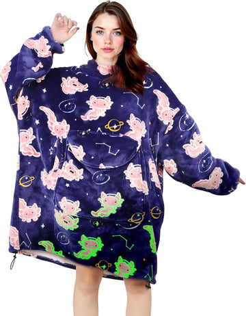 Adult Wearable Blanket Hoodie - Axolotl Wearable Blanket Sweatshirt for Women or Men, Warm & Cozy Plush Fleece