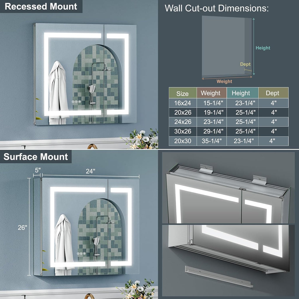Upgraded Tempered-Mirror Medicine Cabinet with Lights 24x26 inch, Plug-in or Hardwired, Anti-Fog/3 Colors/Dimmable