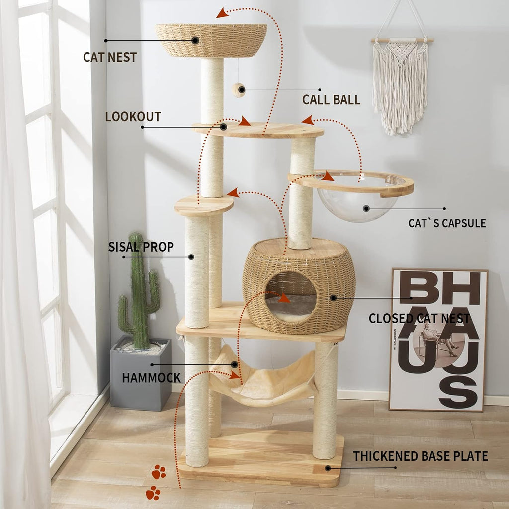 59-Inch Modern Cat Tree Tower for Large Indoor Cats, Handwoven Basket Condo