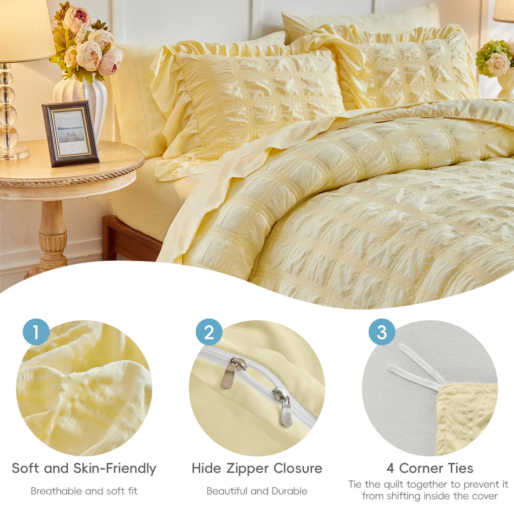 Yellow Plaid Seersucker Duvet Cover Set with Wide Ruffled Fringe, 3 Pieces Soft Bedding Set for All Season