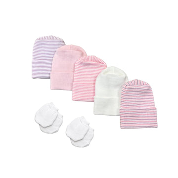 Newborn Girl Piece Ply Hospital Hat & No-Scratch Mittens