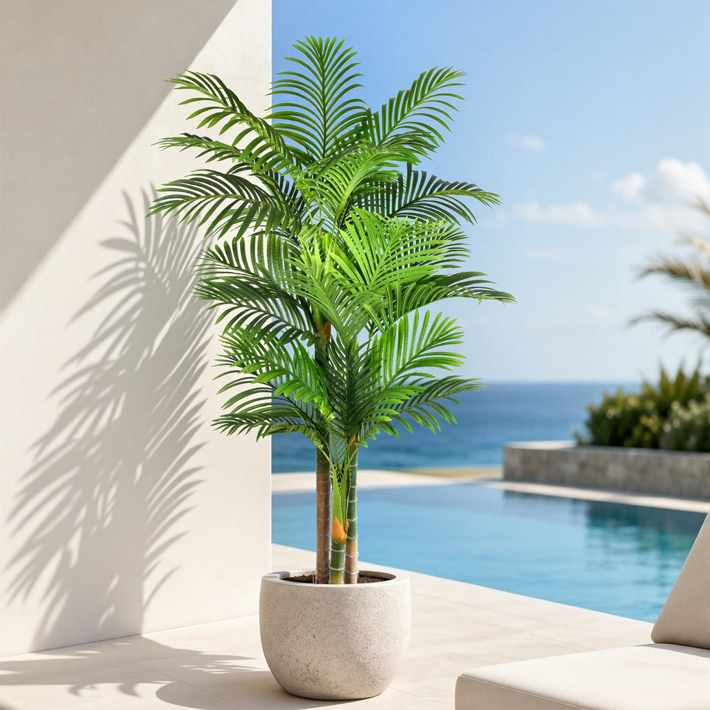 5FT Artificial Palm Tree - Tropical Faux Golden Cane Palm Tree UV Resistant Tall Fake Plant Indoor with Black Pot