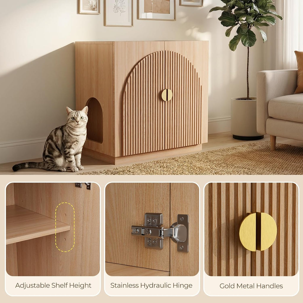 Large Litter Box Enclosure, Fluted Hidden Cat Litter Box Cabinet with Storage, Symmetrical Curved Accent Sideboard