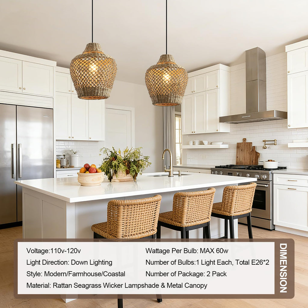 Rattan Pendant Light 11.8" Seagrass Hanging Light 2-Pack