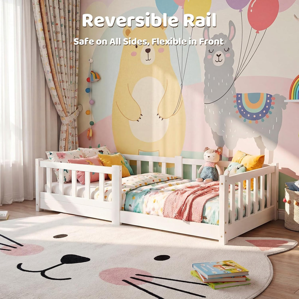 Toddler Bed, Toddler Floor Bed with Safety Guardrails, Wood Montessori House Bed with Roof, Low Toddler Bed Frame